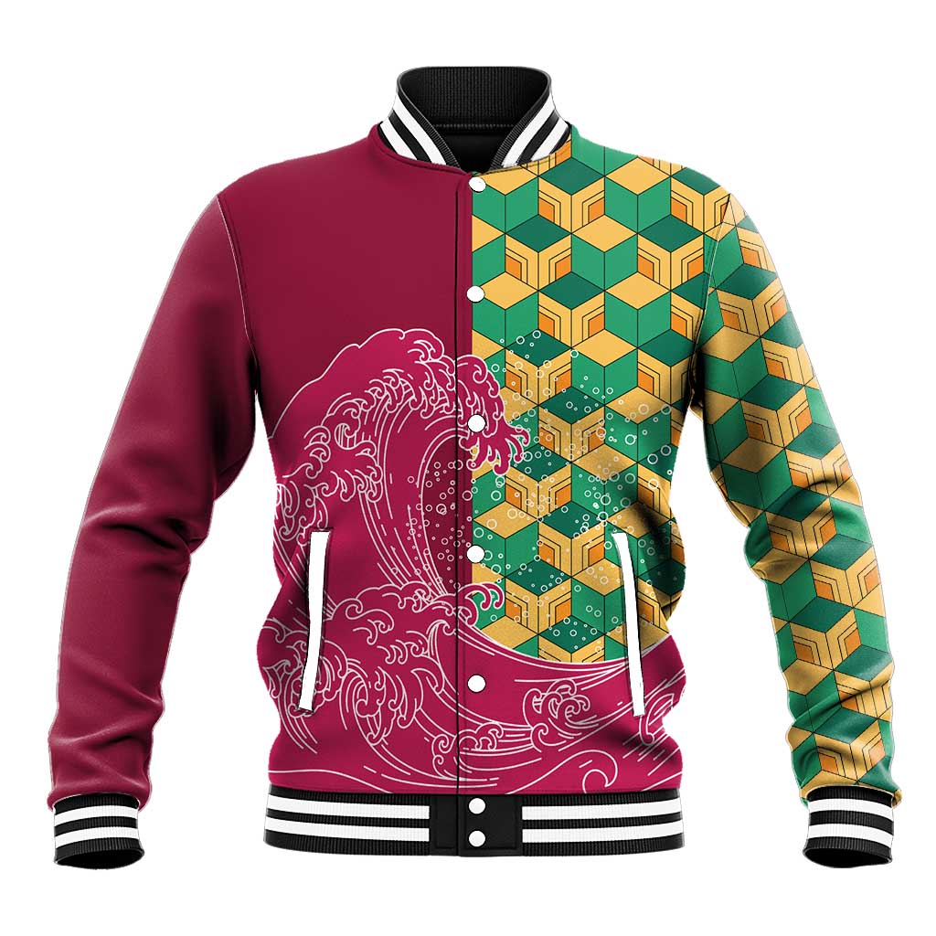 Japanese Bishamon-Kikkou Pattern Baseball Jacket Water Pillar Silent River Flow - Wonder Print Shop