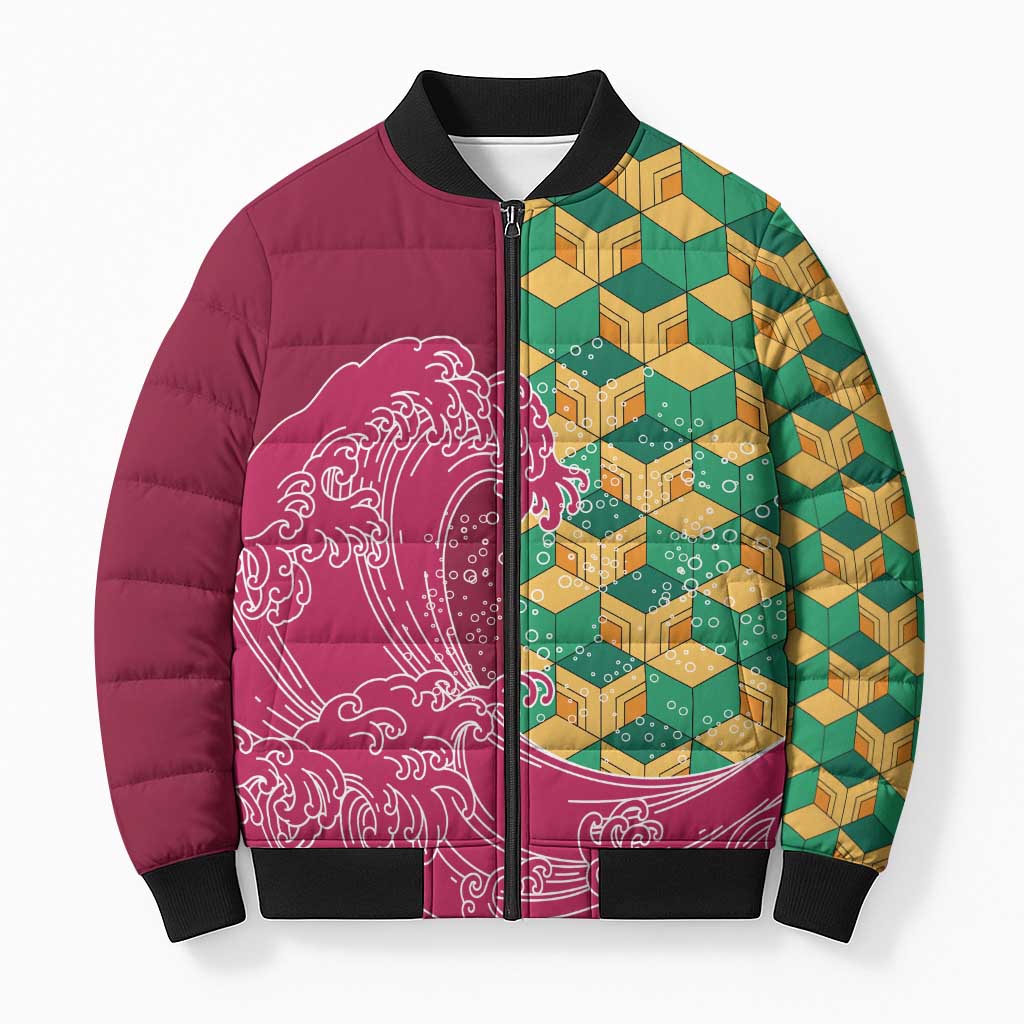Japanese Bishamon-Kikkou Pattern Bomber Puffer Jacket Water Pillar Silent River Flow - Wonder Print Shop