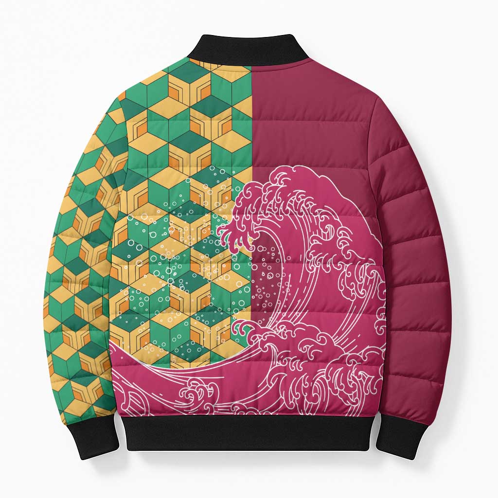 Japanese Bishamon-Kikkou Pattern Bomber Puffer Jacket Water Pillar Silent River Flow - Wonder Print Shop