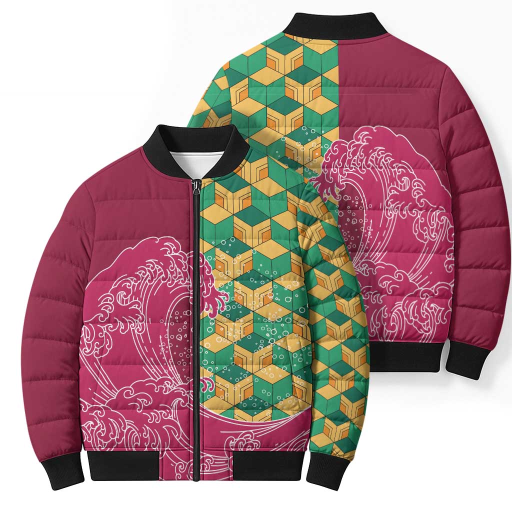 Japanese Bishamon-Kikkou Pattern Bomber Puffer Jacket Water Pillar Silent River Flow - Wonder Print Shop