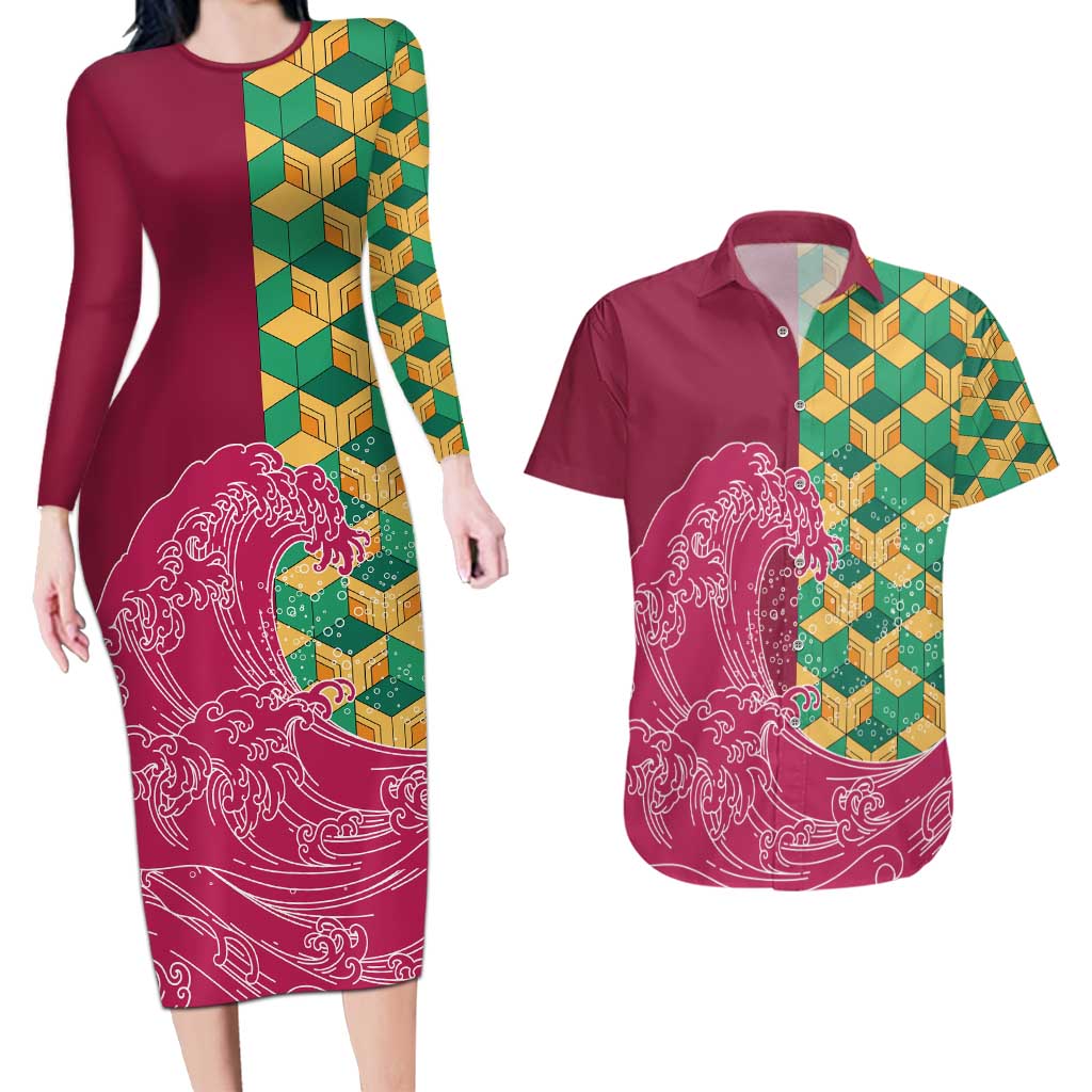 Japanese Bishamon-Kikkou Pattern Couples Matching Long Sleeve Bodycon Dress and Hawaiian Shirt Water Pillar Silent River Flow - Wonder Print Shop