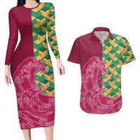 Japanese Bishamon-Kikkou Pattern Couples Matching Long Sleeve Bodycon Dress and Hawaiian Shirt Water Pillar Silent River Flow - Wonder Print Shop