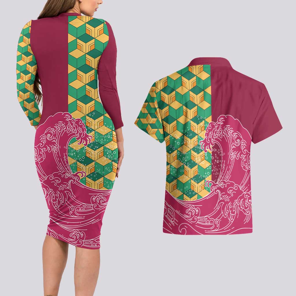 Japanese Bishamon-Kikkou Pattern Couples Matching Long Sleeve Bodycon Dress and Hawaiian Shirt Water Pillar Silent River Flow - Wonder Print Shop