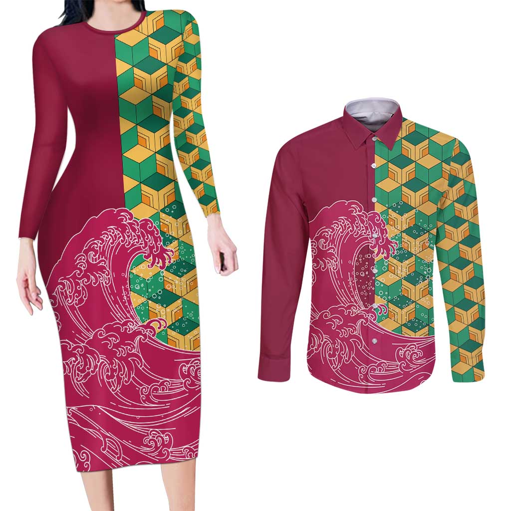 Japanese Bishamon-Kikkou Pattern Couples Matching Long Sleeve Bodycon Dress and Long Sleeve Button Shirt Water Pillar Silent River Flow - Wonder Print Shop