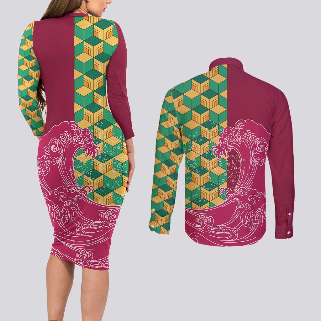 Japanese Bishamon-Kikkou Pattern Couples Matching Long Sleeve Bodycon Dress and Long Sleeve Button Shirt Water Pillar Silent River Flow - Wonder Print Shop