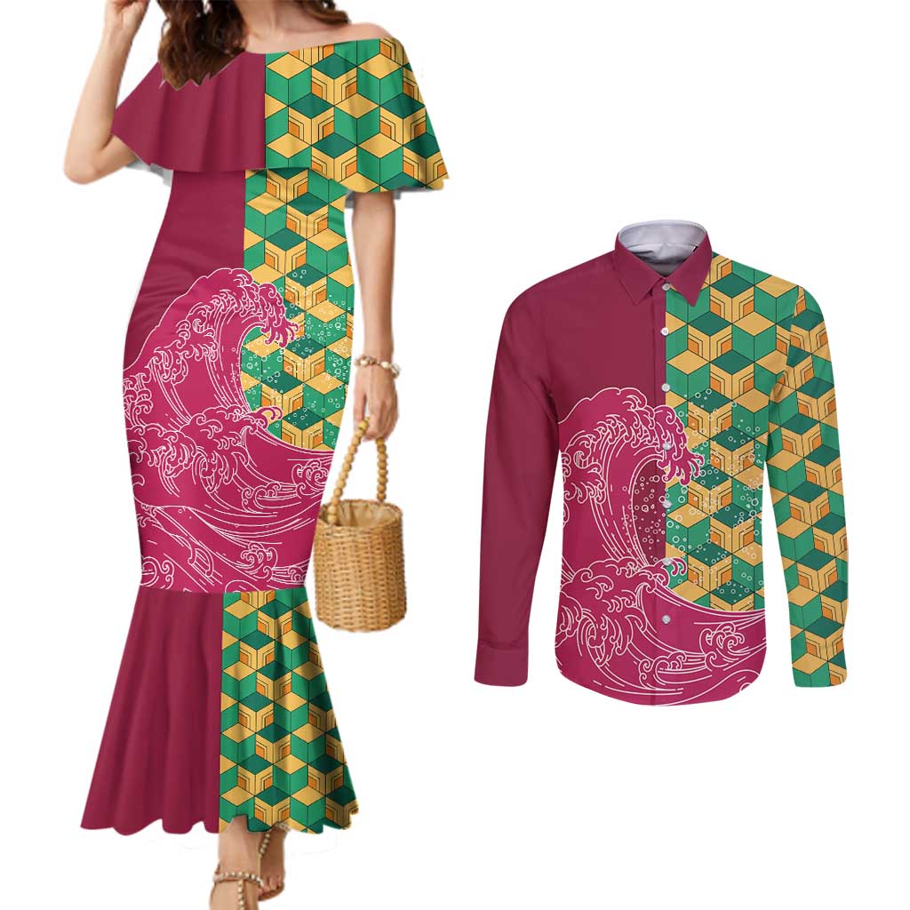 Japanese Bishamon-Kikkou Pattern Couples Matching Mermaid Dress and Long Sleeve Button Shirt Water Pillar Silent River Flow - Wonder Print Shop