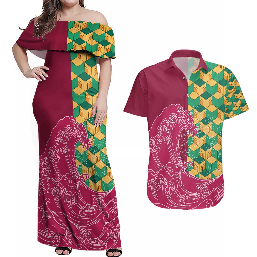 Japanese Bishamon-Kikkou Pattern Couples Matching Off Shoulder Maxi Dress and Hawaiian Shirt Water Pillar Silent River Flow - Wonder Print Shop