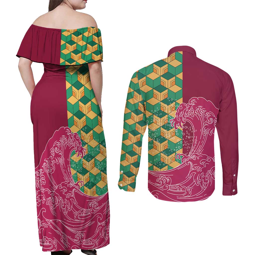 Japanese Bishamon-Kikkou Pattern Couples Matching Off Shoulder Maxi Dress and Long Sleeve Button Shirt Water Pillar Silent River Flow - Wonder Print Shop