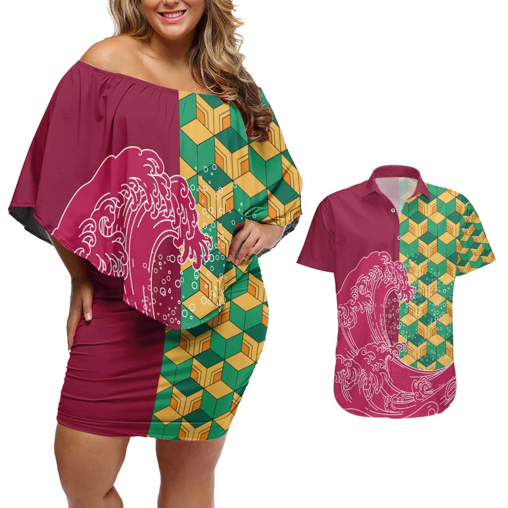 Japanese Bishamon-Kikkou Pattern Couples Matching Off Shoulder Short Dress and Hawaiian Shirt Water Pillar Silent River Flow - Wonder Print Shop