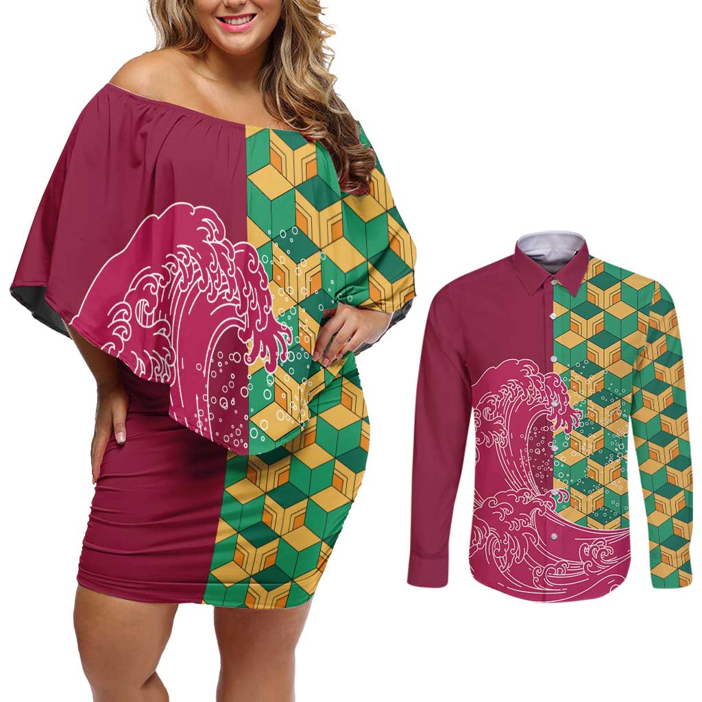 Japanese Bishamon-Kikkou Pattern Couples Matching Off Shoulder Short Dress and Long Sleeve Button Shirt Water Pillar Silent River Flow - Wonder Print Shop