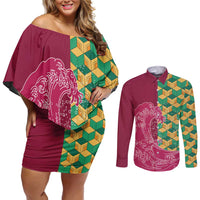 Japanese Bishamon-Kikkou Pattern Couples Matching Off Shoulder Short Dress and Long Sleeve Button Shirt Water Pillar Silent River Flow - Wonder Print Shop