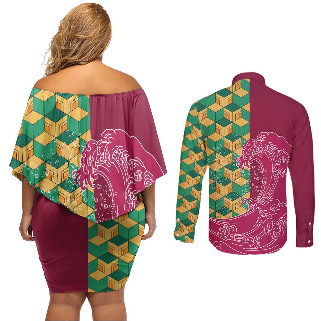 Japanese Bishamon-Kikkou Pattern Couples Matching Off Shoulder Short Dress and Long Sleeve Button Shirt Water Pillar Silent River Flow - Wonder Print Shop