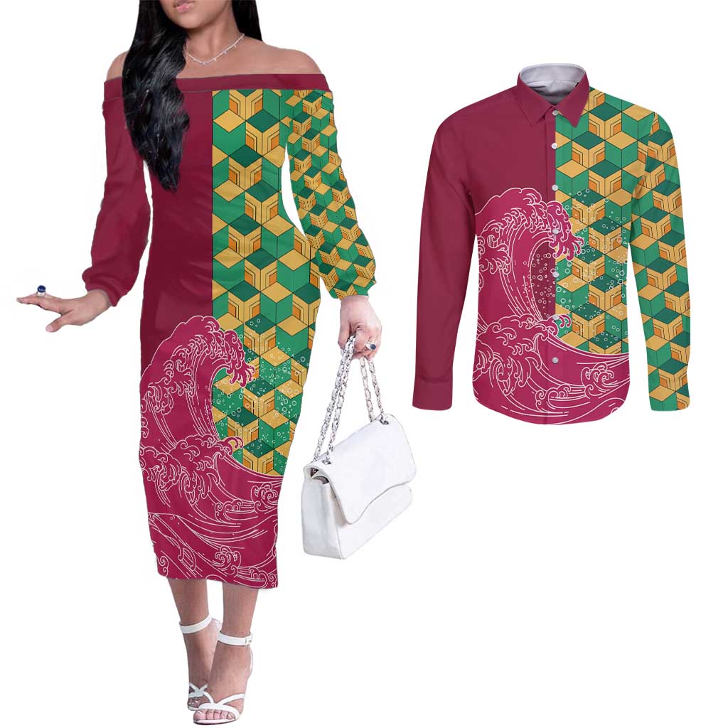 Japanese Bishamon-Kikkou Pattern Couples Matching Off The Shoulder Long Sleeve Dress and Long Sleeve Button Shirt Water Pillar Silent River Flow - Wonder Print Shop