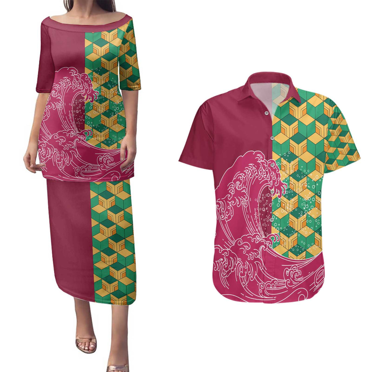 Japanese Bishamon-Kikkou Pattern Couples Matching Puletasi and Hawaiian Shirt Water Pillar Silent River Flow - Wonder Print Shop