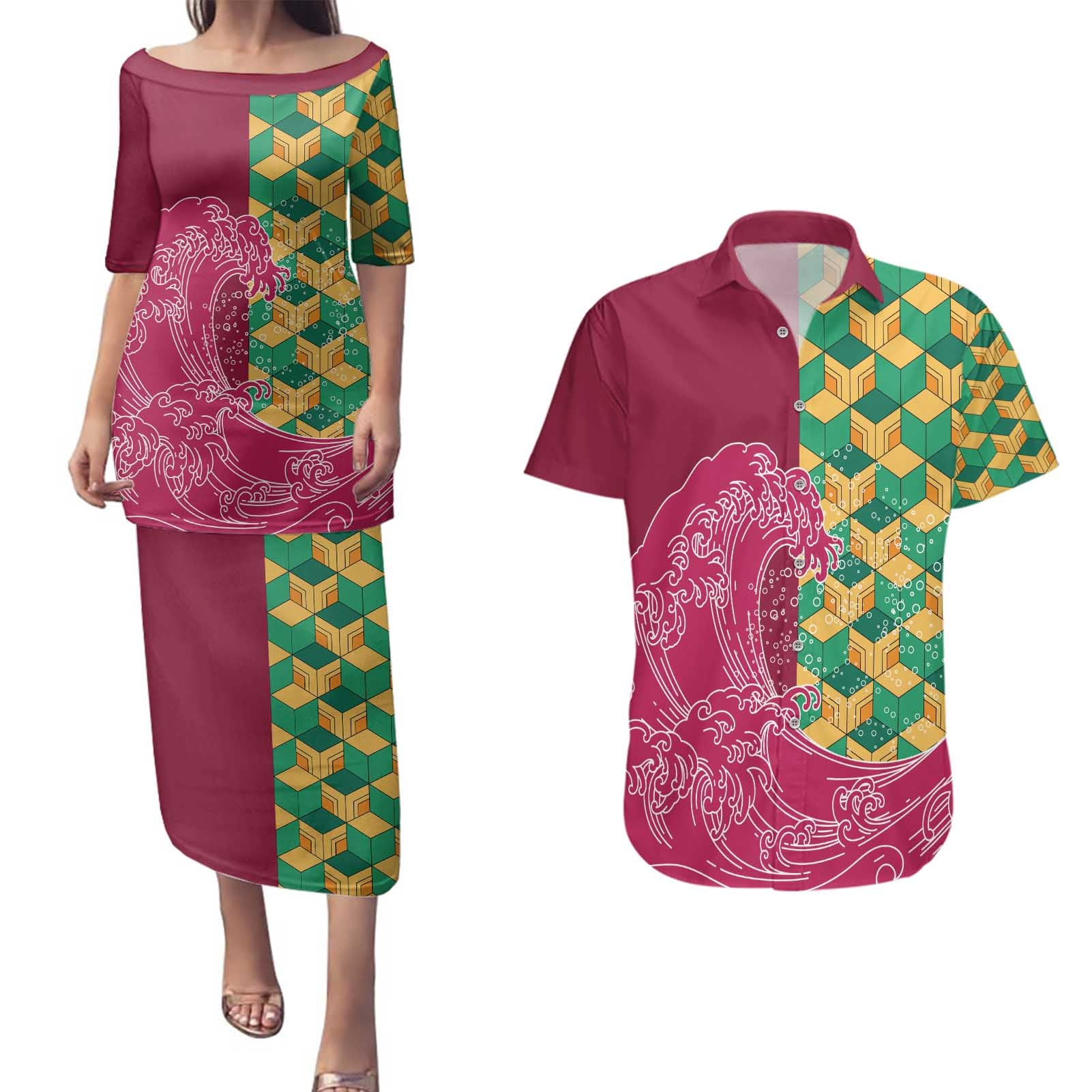 Japanese Bishamon-Kikkou Pattern Couples Matching Puletasi and Hawaiian Shirt Water Pillar Silent River Flow - Wonder Print Shop