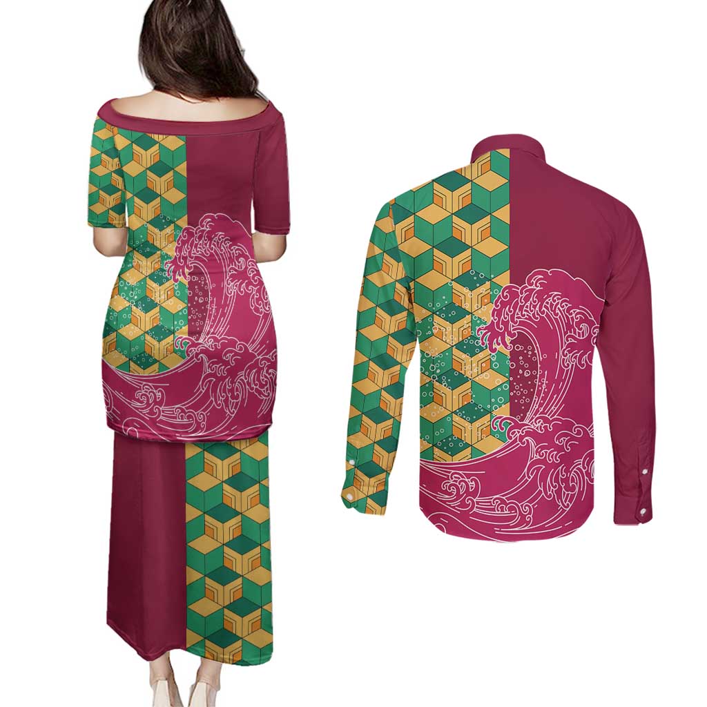 Japanese Bishamon-Kikkou Pattern Couples Matching Puletasi and Long Sleeve Button Shirt Water Pillar Silent River Flow - Wonder Print Shop