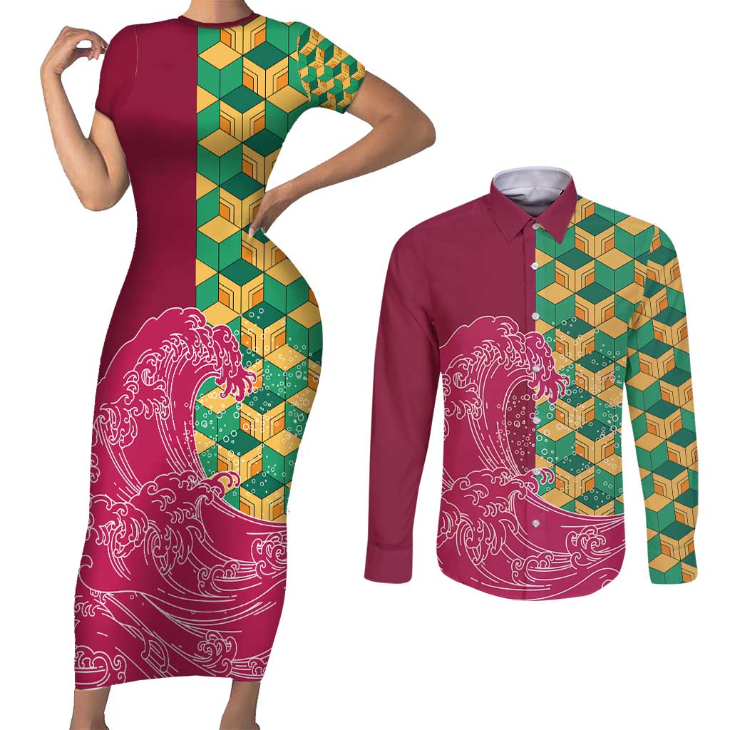 Japanese Bishamon-Kikkou Pattern Couples Matching Short Sleeve Bodycon Dress and Long Sleeve Button Shirt Water Pillar Silent River Flow - Wonder Print Shop