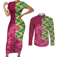 Japanese Bishamon-Kikkou Pattern Couples Matching Short Sleeve Bodycon Dress and Long Sleeve Button Shirt Water Pillar Silent River Flow - Wonder Print Shop