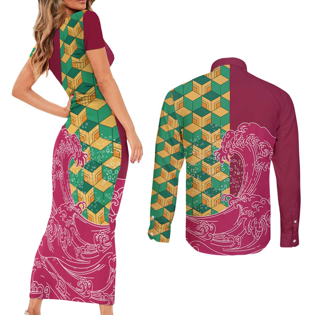 Japanese Bishamon-Kikkou Pattern Couples Matching Short Sleeve Bodycon Dress and Long Sleeve Button Shirt Water Pillar Silent River Flow - Wonder Print Shop