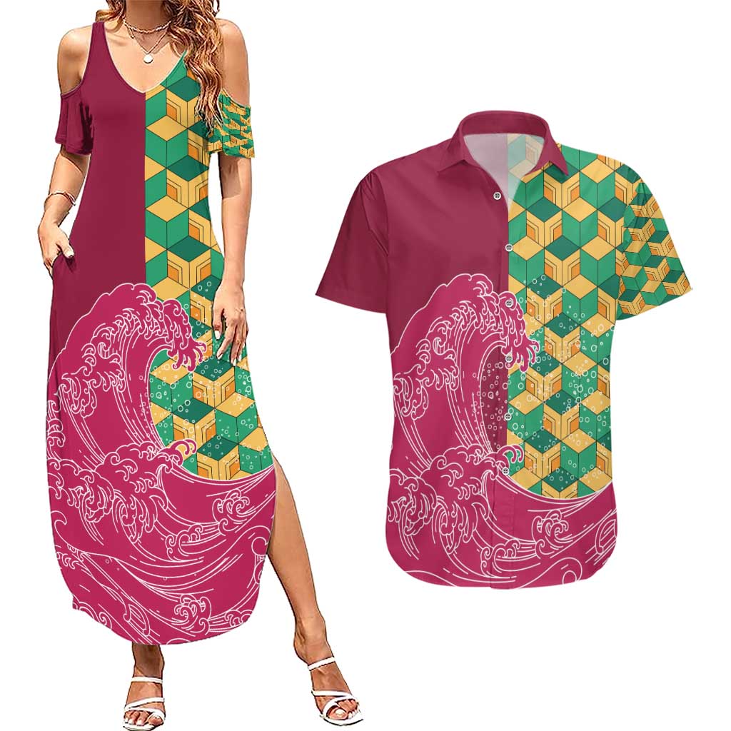 Japanese Bishamon-Kikkou Pattern Couples Matching Summer Maxi Dress and Hawaiian Shirt Water Pillar Silent River Flow - Wonder Print Shop