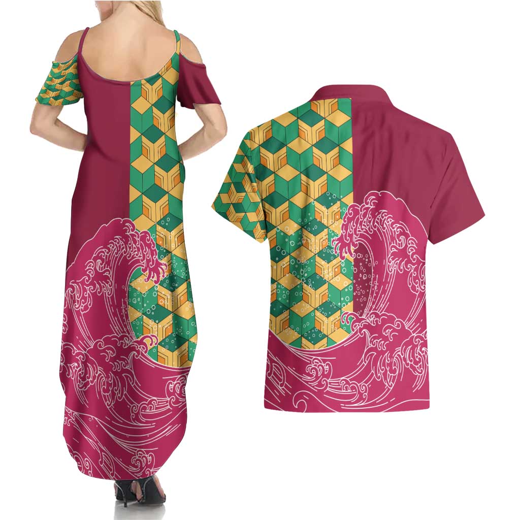 Japanese Bishamon-Kikkou Pattern Couples Matching Summer Maxi Dress and Hawaiian Shirt Water Pillar Silent River Flow - Wonder Print Shop