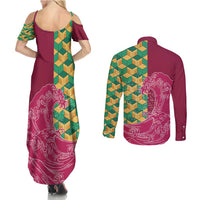 Japanese Bishamon-Kikkou Pattern Couples Matching Summer Maxi Dress and Long Sleeve Button Shirt Water Pillar Silent River Flow - Wonder Print Shop