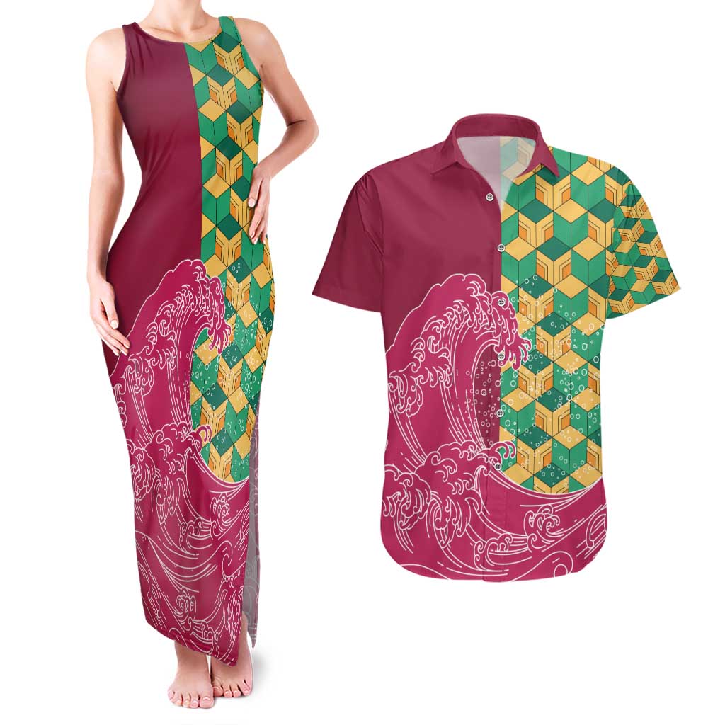 Japanese Bishamon-Kikkou Pattern Couples Matching Tank Maxi Dress and Hawaiian Shirt Water Pillar Silent River Flow - Wonder Print Shop