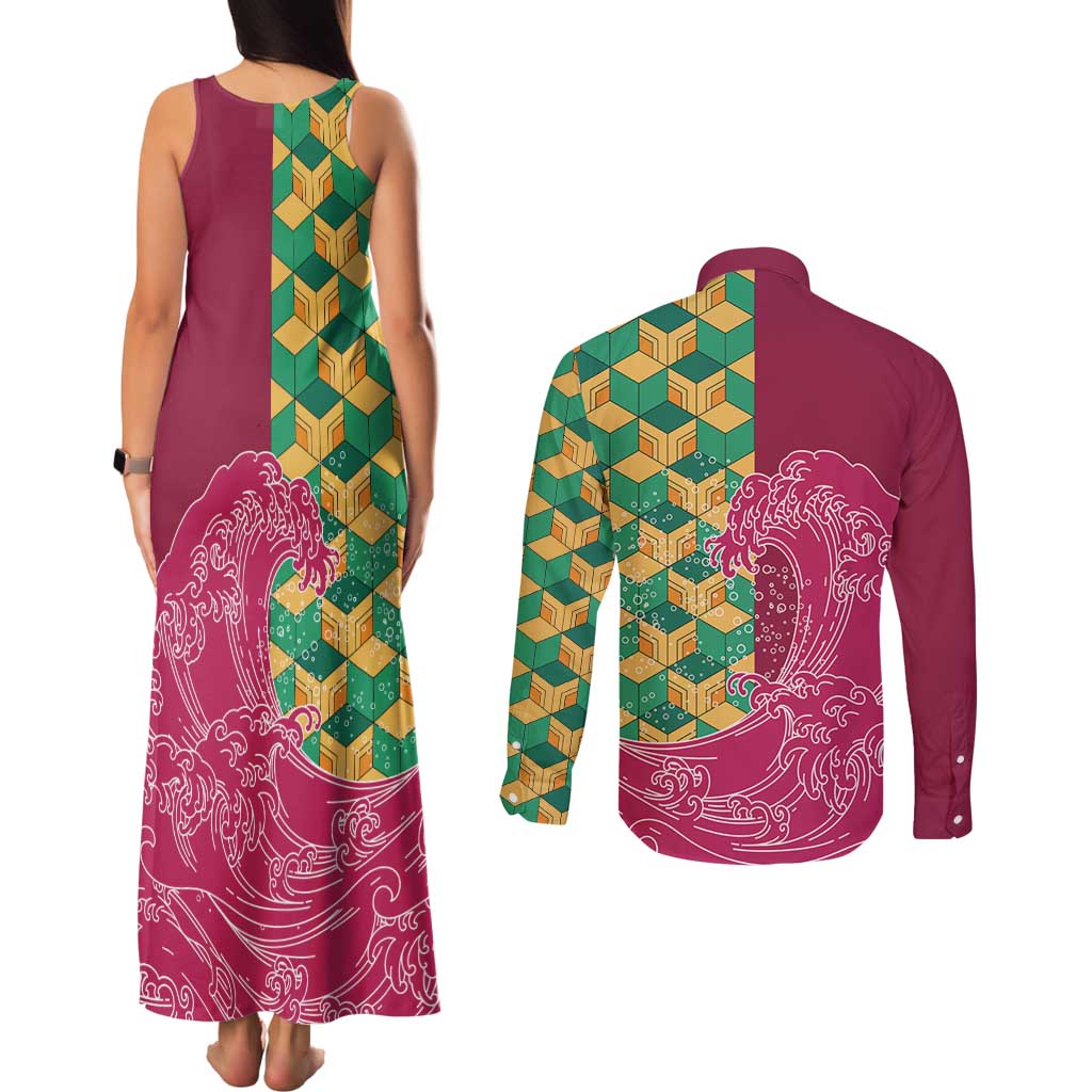 Japanese Bishamon-Kikkou Pattern Couples Matching Tank Maxi Dress and Long Sleeve Button Shirt Water Pillar Silent River Flow - Wonder Print Shop