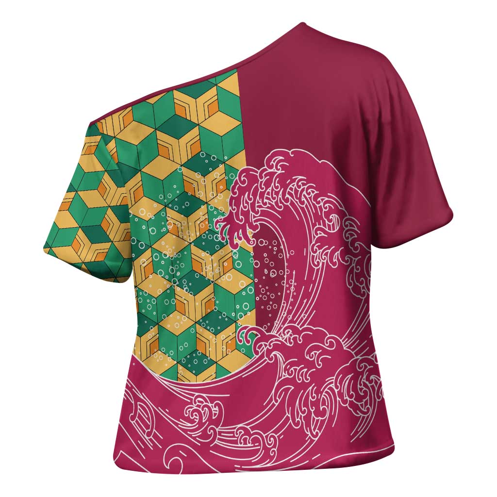 Japanese Bishamon-Kikkou Pattern Cross Shoulder Shirt Water Pillar Silent River Flow - Wonder Print Shop