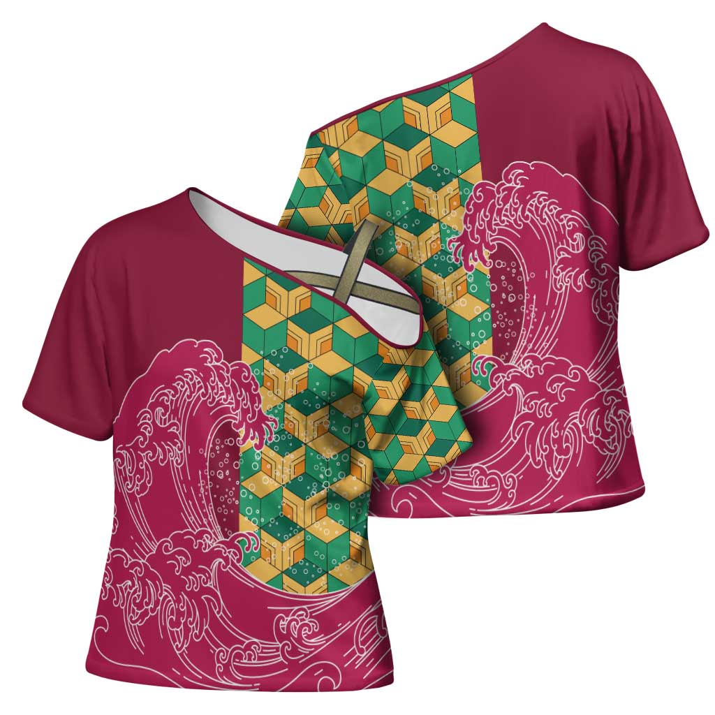 Japanese Bishamon-Kikkou Pattern Cross Shoulder Shirt Water Pillar Silent River Flow - Wonder Print Shop