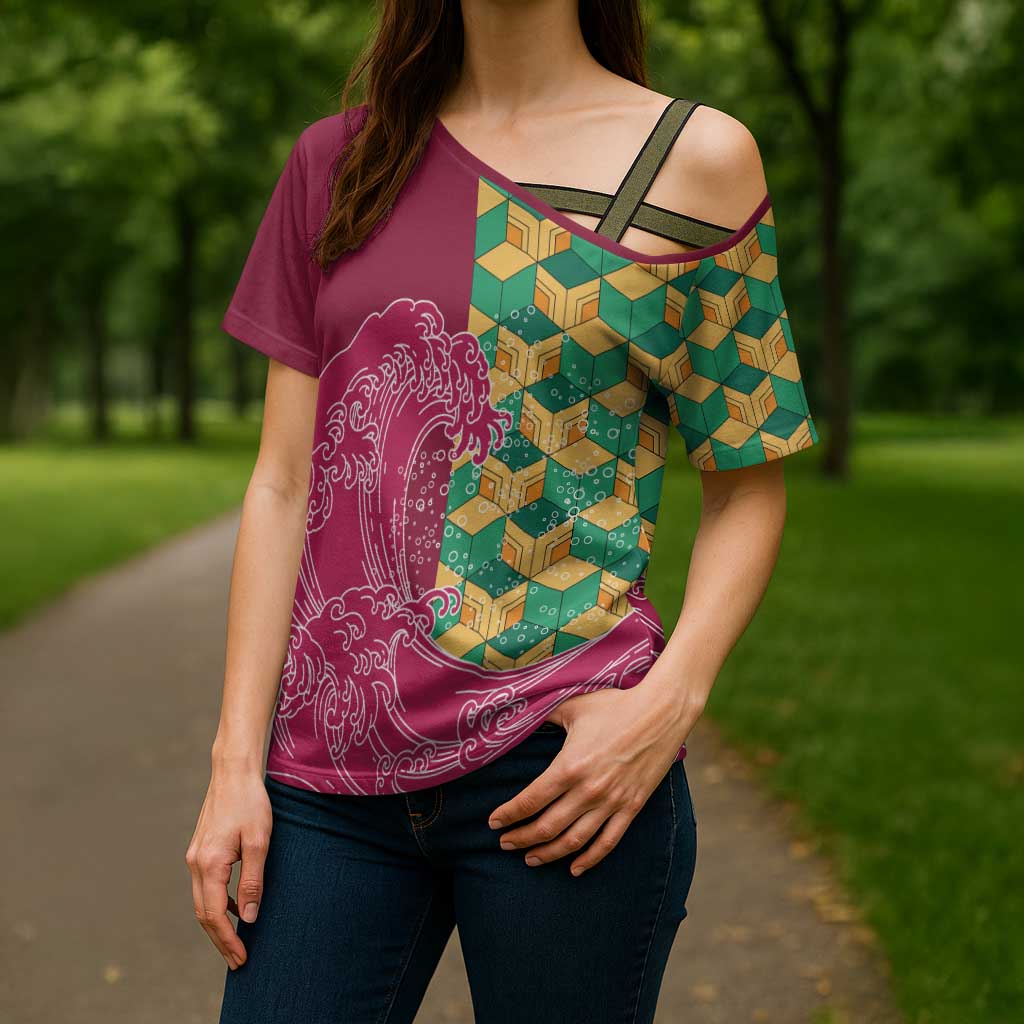 Japanese Bishamon-Kikkou Pattern Cross Shoulder Shirt Water Pillar Silent River Flow - Wonder Print Shop