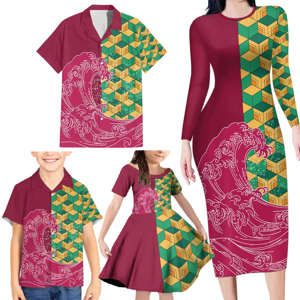 Japanese Bishamon-Kikkou Pattern Family Matching Long Sleeve Bodycon Dress and Hawaiian Shirt Water Pillar Silent River Flow - Wonder Print Shop