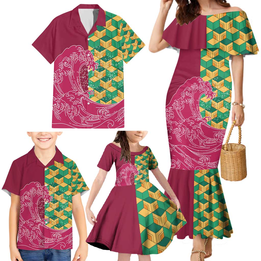 Japanese Bishamon-Kikkou Pattern Family Matching Mermaid Dress and Hawaiian Shirt Water Pillar Silent River Flow - Wonder Print Shop