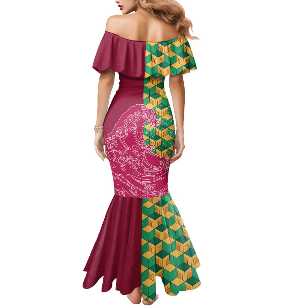 Japanese Bishamon-Kikkou Pattern Family Matching Mermaid Dress and Hawaiian Shirt Water Pillar Silent River Flow - Wonder Print Shop