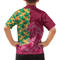 Japanese Bishamon-Kikkou Pattern Family Matching Off The Shoulder Long Sleeve Dress and Hawaiian Shirt Water Pillar Silent River Flow - Wonder Print Shop