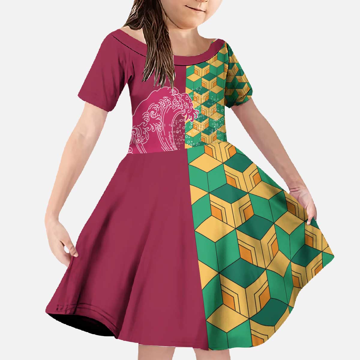 Japanese Bishamon-Kikkou Pattern Family Matching Off The Shoulder Long Sleeve Dress and Hawaiian Shirt Water Pillar Silent River Flow - Wonder Print Shop