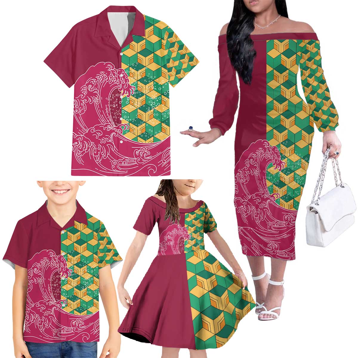 Japanese Bishamon-Kikkou Pattern Family Matching Off The Shoulder Long Sleeve Dress and Hawaiian Shirt Water Pillar Silent River Flow - Wonder Print Shop