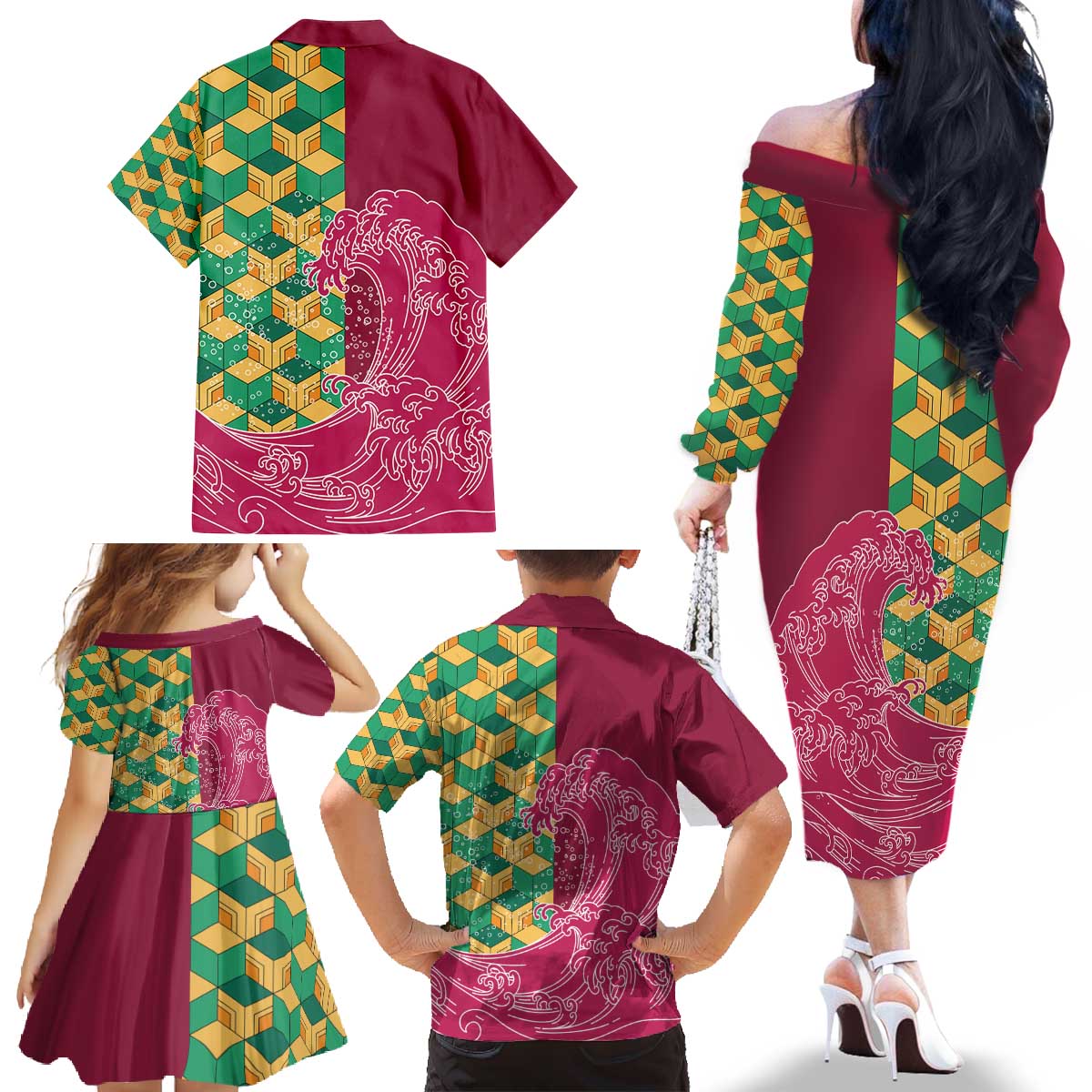 Japanese Bishamon-Kikkou Pattern Family Matching Off The Shoulder Long Sleeve Dress and Hawaiian Shirt Water Pillar Silent River Flow - Wonder Print Shop