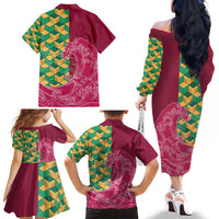 Japanese Bishamon-Kikkou Pattern Family Matching Off The Shoulder Long Sleeve Dress and Hawaiian Shirt Water Pillar Silent River Flow - Wonder Print Shop