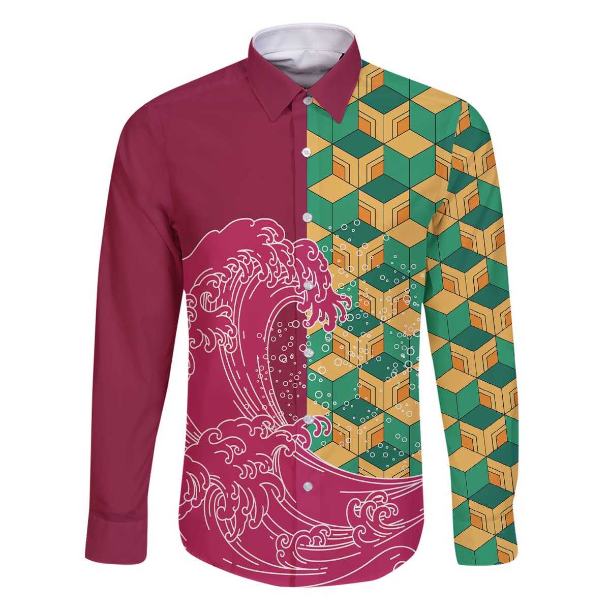 Japanese Bishamon-Kikkou Pattern Family Matching Off The Shoulder Long Sleeve Dress and Hawaiian Shirt Water Pillar Silent River Flow - Wonder Print Shop
