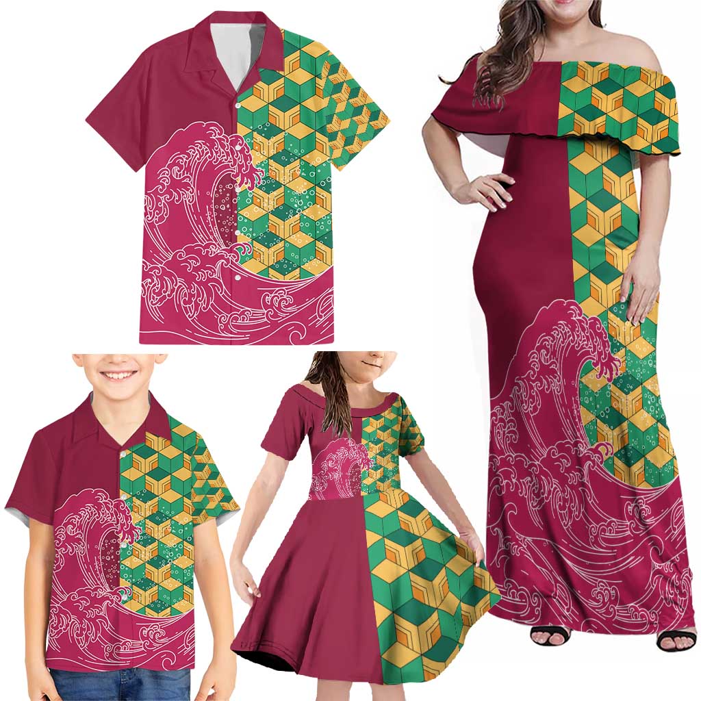 Japanese Bishamon-Kikkou Pattern Family Matching Off Shoulder Maxi Dress and Hawaiian Shirt Water Pillar Silent River Flow - Wonder Print Shop