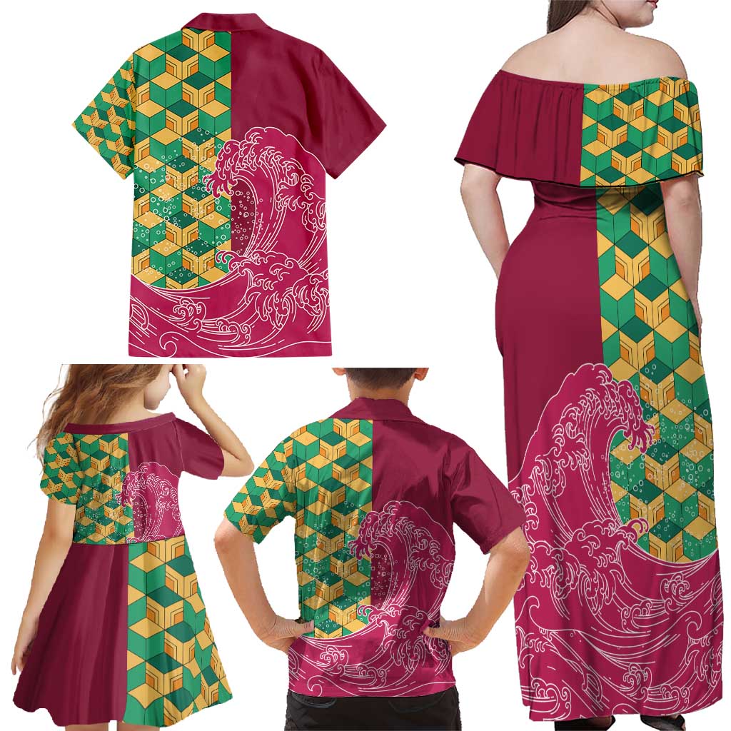 Japanese Bishamon-Kikkou Pattern Family Matching Off Shoulder Maxi Dress and Hawaiian Shirt Water Pillar Silent River Flow - Wonder Print Shop