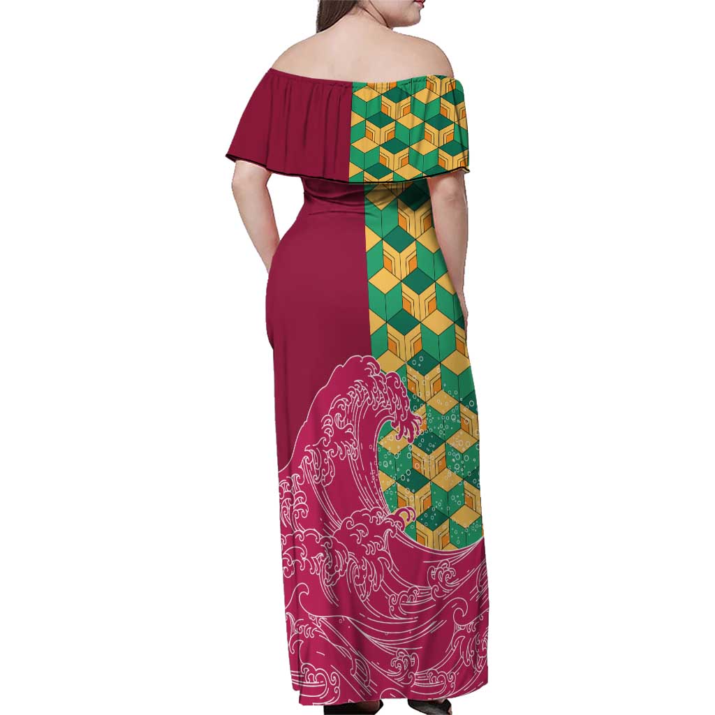 Japanese Bishamon-Kikkou Pattern Family Matching Off Shoulder Maxi Dress and Hawaiian Shirt Water Pillar Silent River Flow - Wonder Print Shop