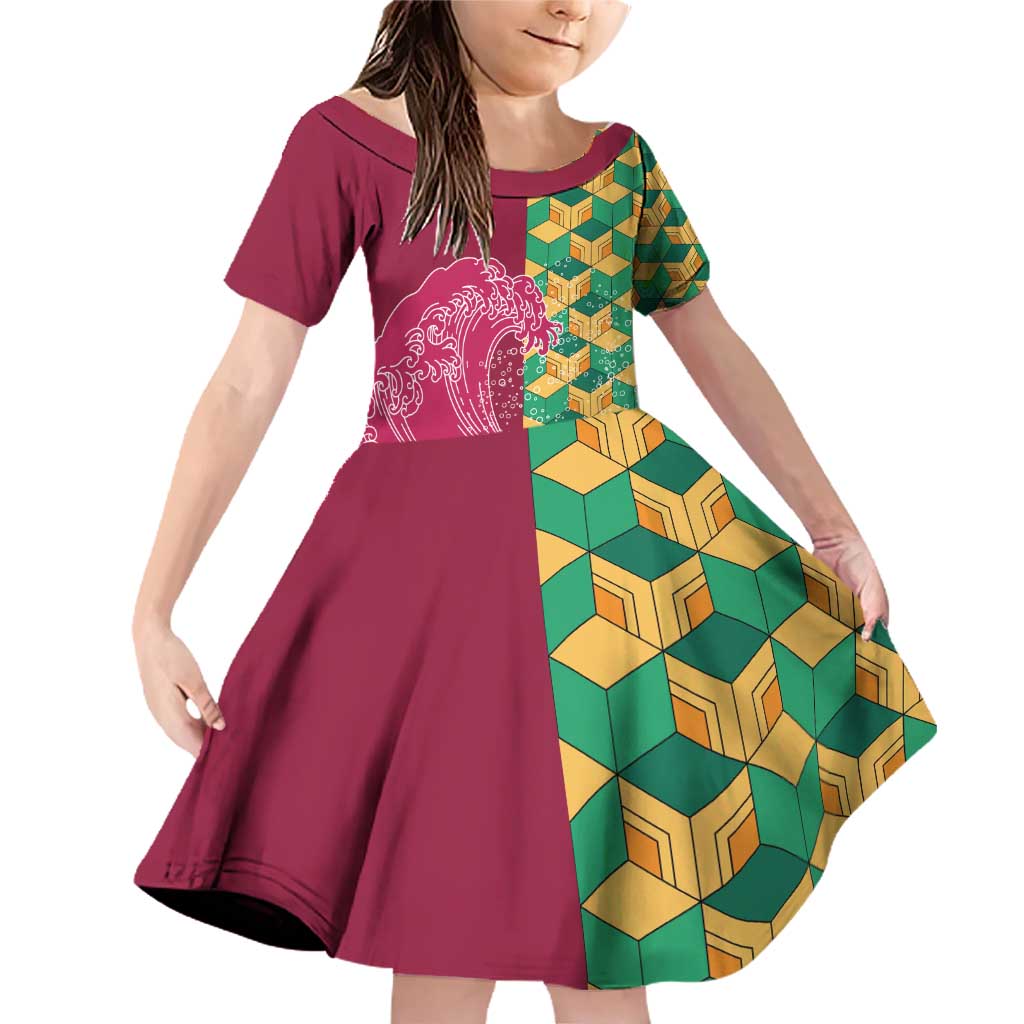 Japanese Bishamon-Kikkou Pattern Family Matching Off Shoulder Short Dress and Hawaiian Shirt Water Pillar Silent River Flow - Wonder Print Shop