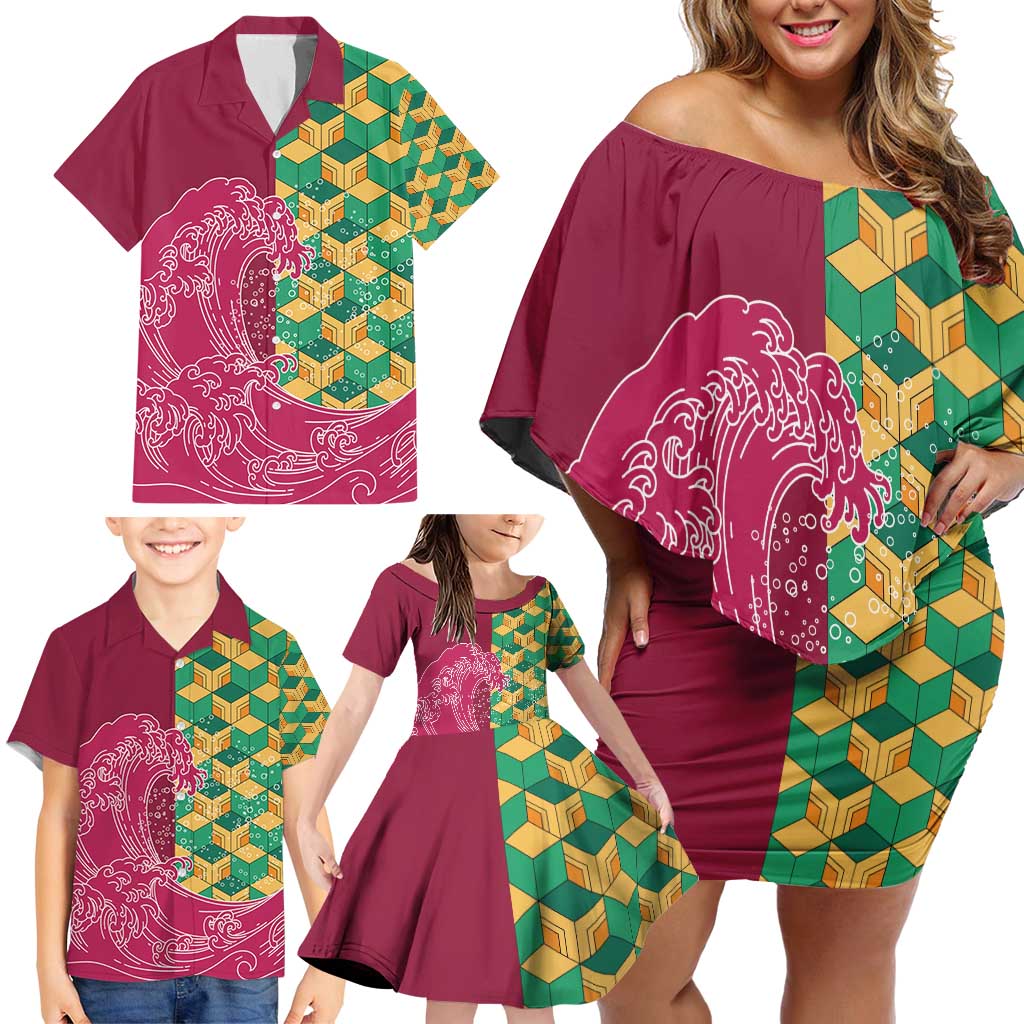 Japanese Bishamon-Kikkou Pattern Family Matching Off Shoulder Short Dress and Hawaiian Shirt Water Pillar Silent River Flow - Wonder Print Shop