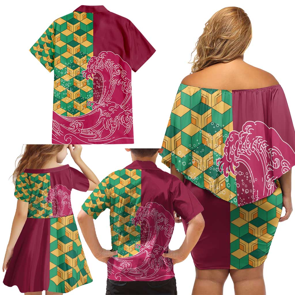 Japanese Bishamon-Kikkou Pattern Family Matching Off Shoulder Short Dress and Hawaiian Shirt Water Pillar Silent River Flow - Wonder Print Shop