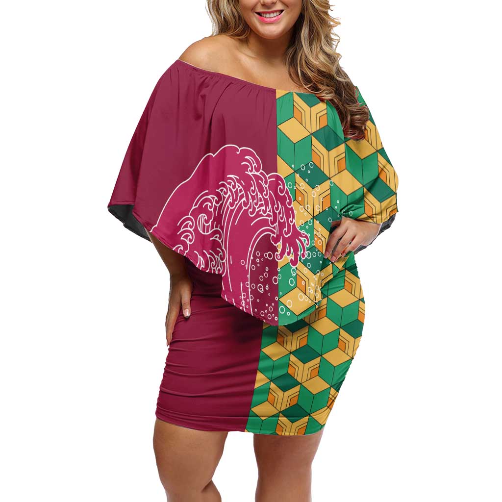 Japanese Bishamon-Kikkou Pattern Family Matching Off Shoulder Short Dress and Hawaiian Shirt Water Pillar Silent River Flow - Wonder Print Shop