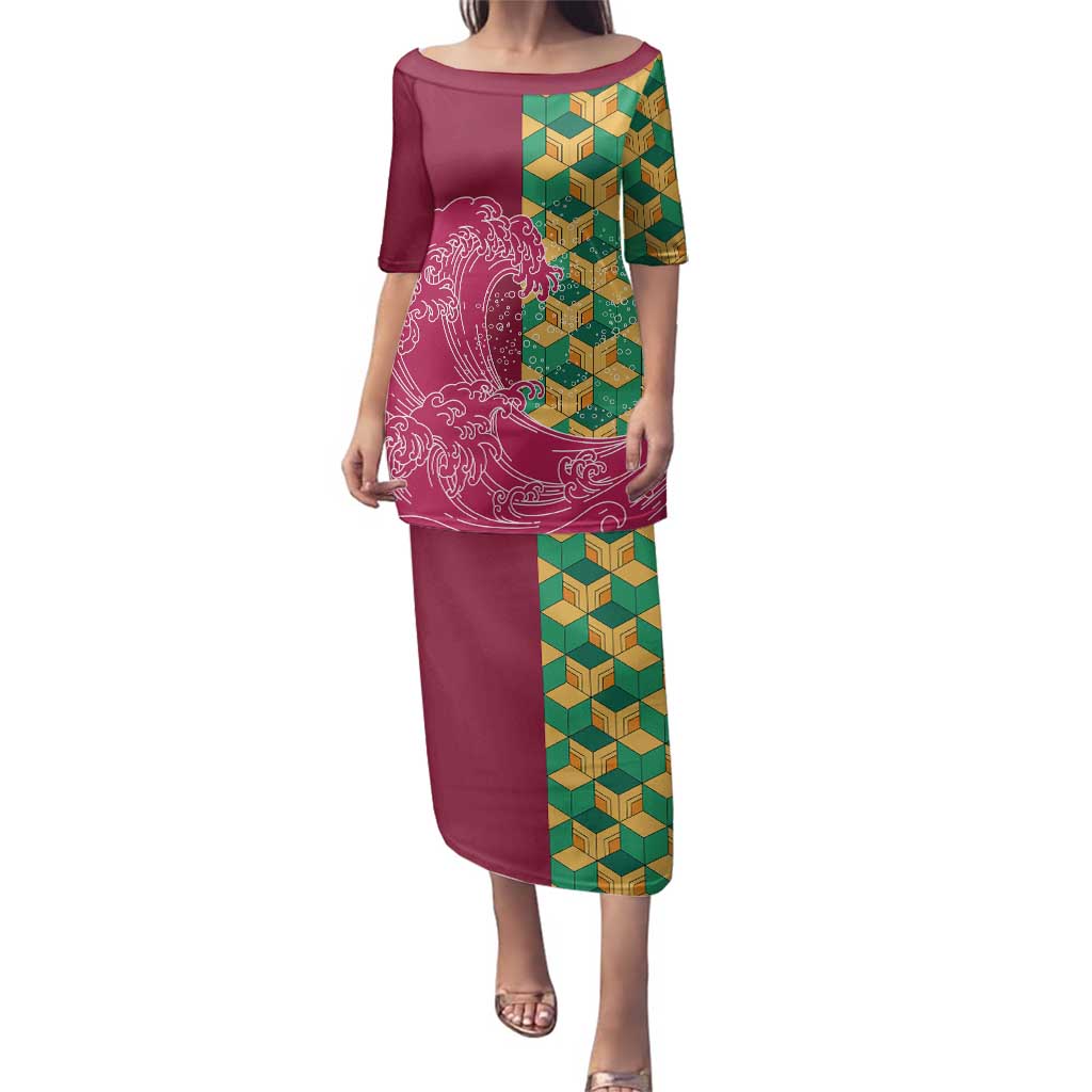 Japanese Bishamon-Kikkou Pattern Family Matching Puletasi and Hawaiian Shirt Water Pillar Silent River Flow - Wonder Print Shop