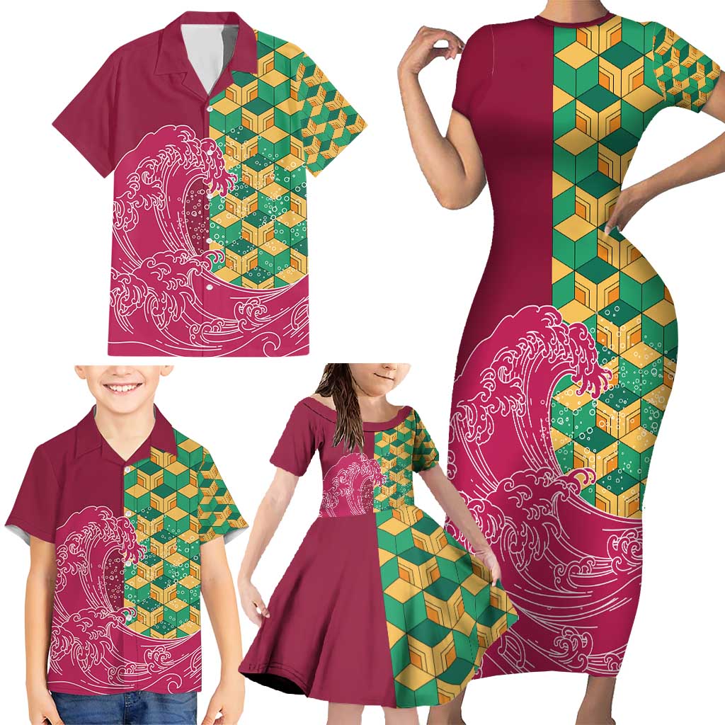 Japanese Bishamon-Kikkou Pattern Family Matching Short Sleeve Bodycon Dress and Hawaiian Shirt Water Pillar Silent River Flow - Wonder Print Shop