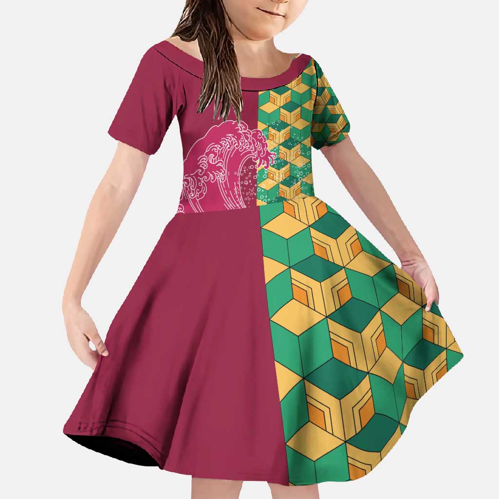 Japanese Bishamon-Kikkou Pattern Family Matching Summer Maxi Dress and Hawaiian Shirt Water Pillar Silent River Flow - Wonder Print Shop